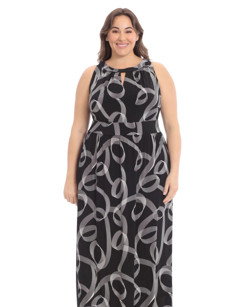 Front of a model wearing a size 18W Halter keyhole morris maxi dress in Blk White by London Times. | dia_product_style_image_id:268546